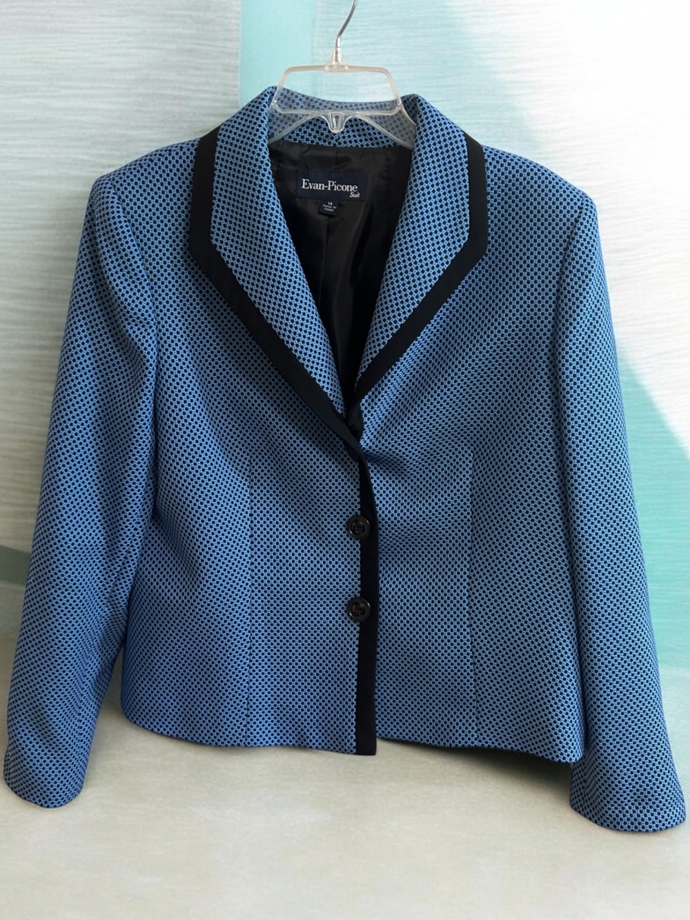 Vintage Evan-Picone Blue & Black Micro-Check Blazer Structured Trim Jacket SZ 14